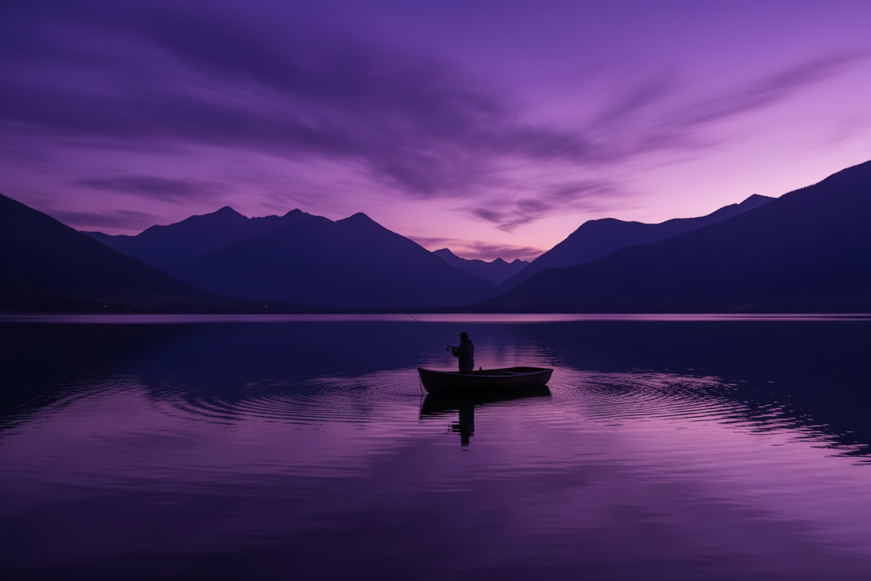 Fisherman on a Boat with Purple Color Scheme